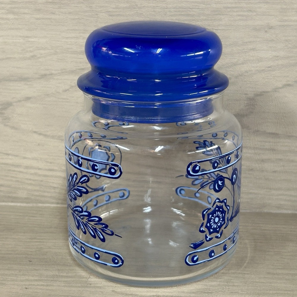 Anchor Hocking Glass Pietro Gobeo Blue Kitchen Canister Flower w Lid Small 5.5" - Picture 4 of 6